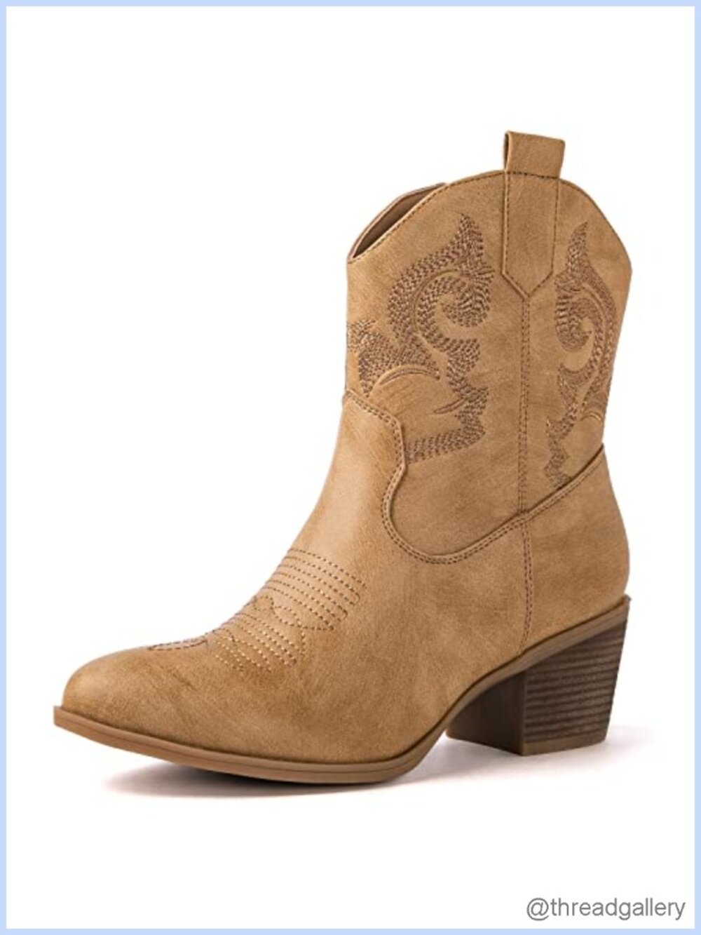 Western Cowboy Ankle Boots Faux Leather Round Toe Block Heel Side Zip